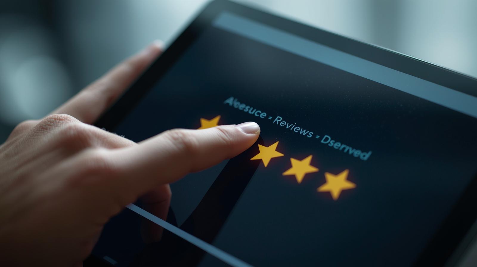 Customer review score shown on tablet screen